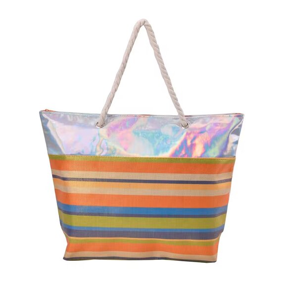 Unknown Handbags - NEW Orange and Blue Stripe Pattern Canvas Faux Leather Tote Bag